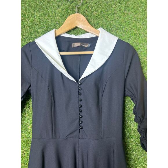 Gown Town Black Sailor Collar Vintage Style Dress 3/4 Ruched Sleeves‎ Size XS - Picture 4 of 8